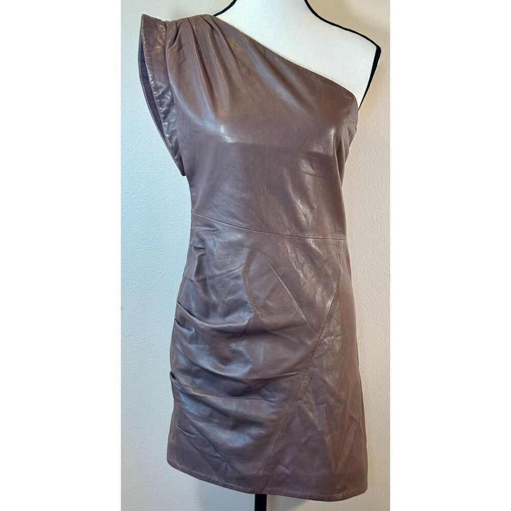 Lamarque Corey 100% Soft Leather Draped One Shoulder Lined Mini Dress Small - Picture 3 of 13